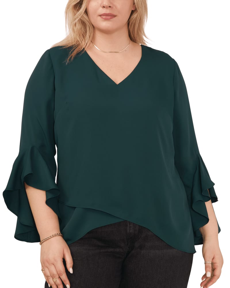 Front of a model wearing a size 1X Natalie Flutter Sleeve Tunic in DARK GREEN by Vince Camuto. | dia_product_style_image_id:261861